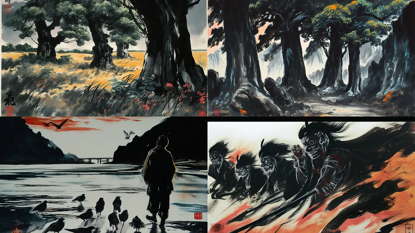 Ethereal Brush Strokes and Monochromatic Mystery: A Homage to Traditional East Asian Ink Wash Painting - Midjourney sref style