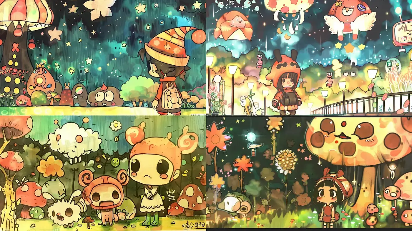 Whimsical, vibrant world filled with enchanting creatures and fantasy elements - Midjourney sref style