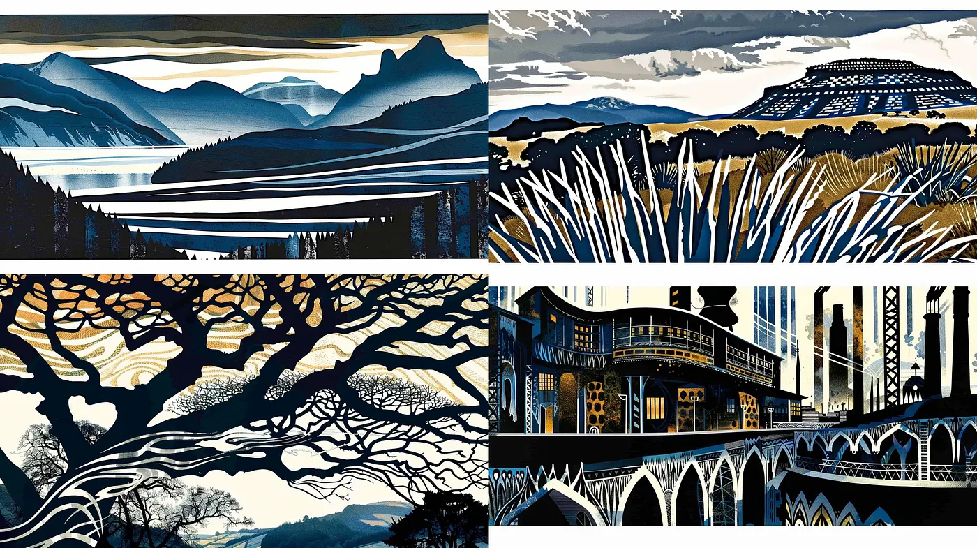 Stylized Contrast of Simplified Forms and Monochrome Landscapes - Midjourney sref style