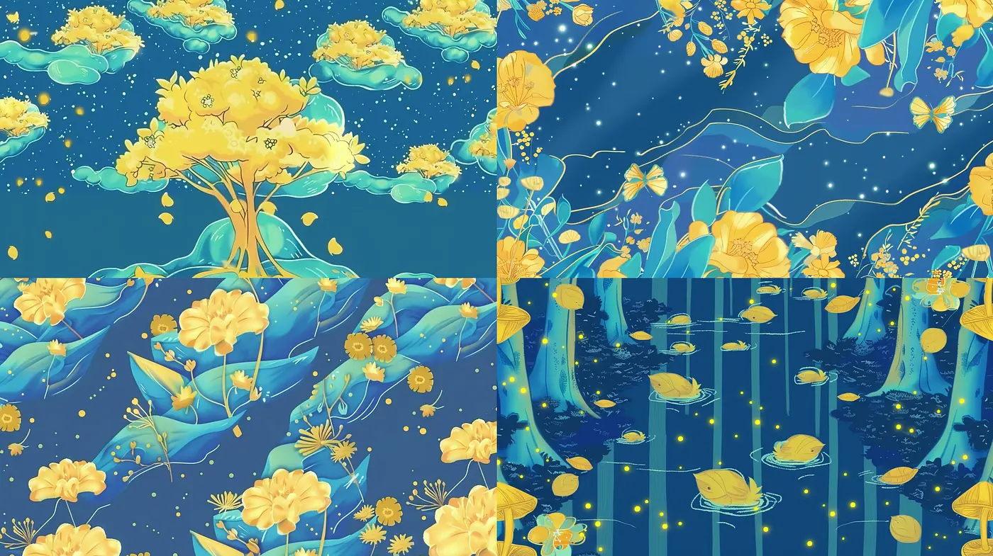 Luminous Floral Dreamscape in Cobalt and Gold Tones - Midjourney sref style