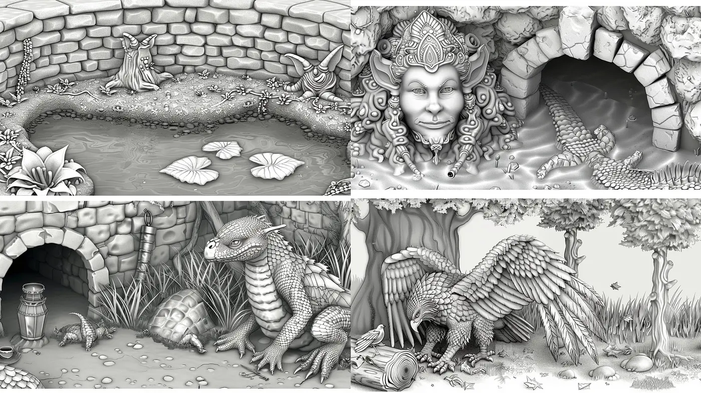 Monochromatic Enchantment – Consistent Homage to Mythical Realms and Textured Serenity - Midjourney sref style