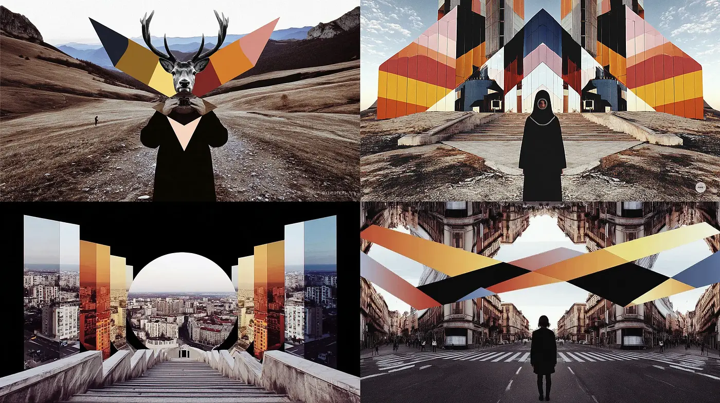 Surreal Geometric Landscapes with a Bold Color Contrast - Midjourney sref style