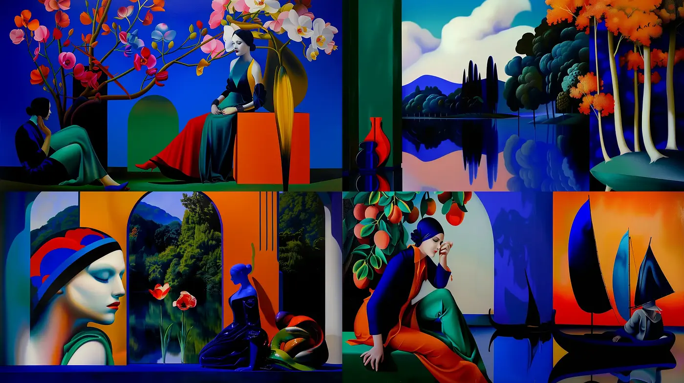 Surreal Botanical Dreamscapes with Vibrant Contrasting Elements - Midjourney sref style