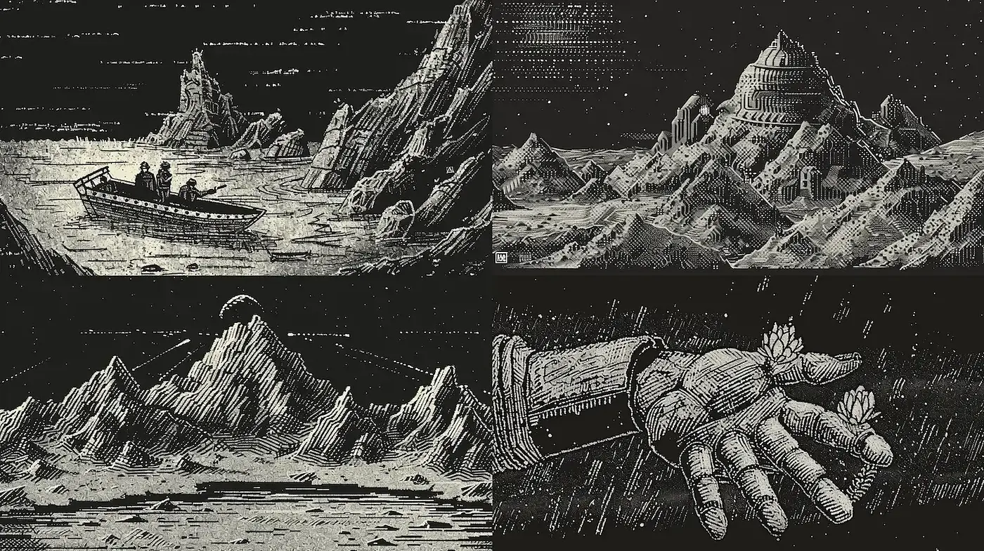 Dark Surrealism with Intricate Linework and Cosmic Themes - Midjourney sref style