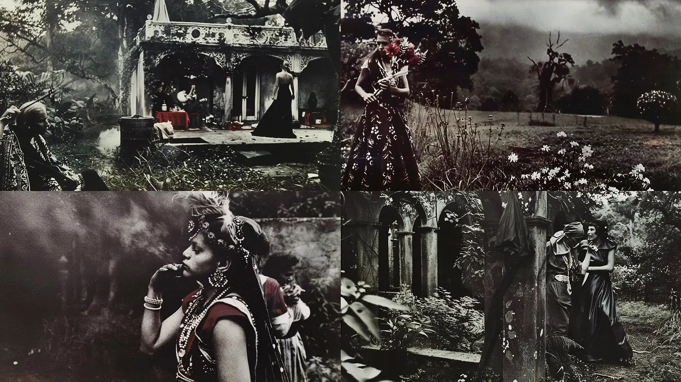 Ethereal Monochrome Gardens: A Fusion of Gothic Aesthetics with Natural Elegance - Midjourney sref style
