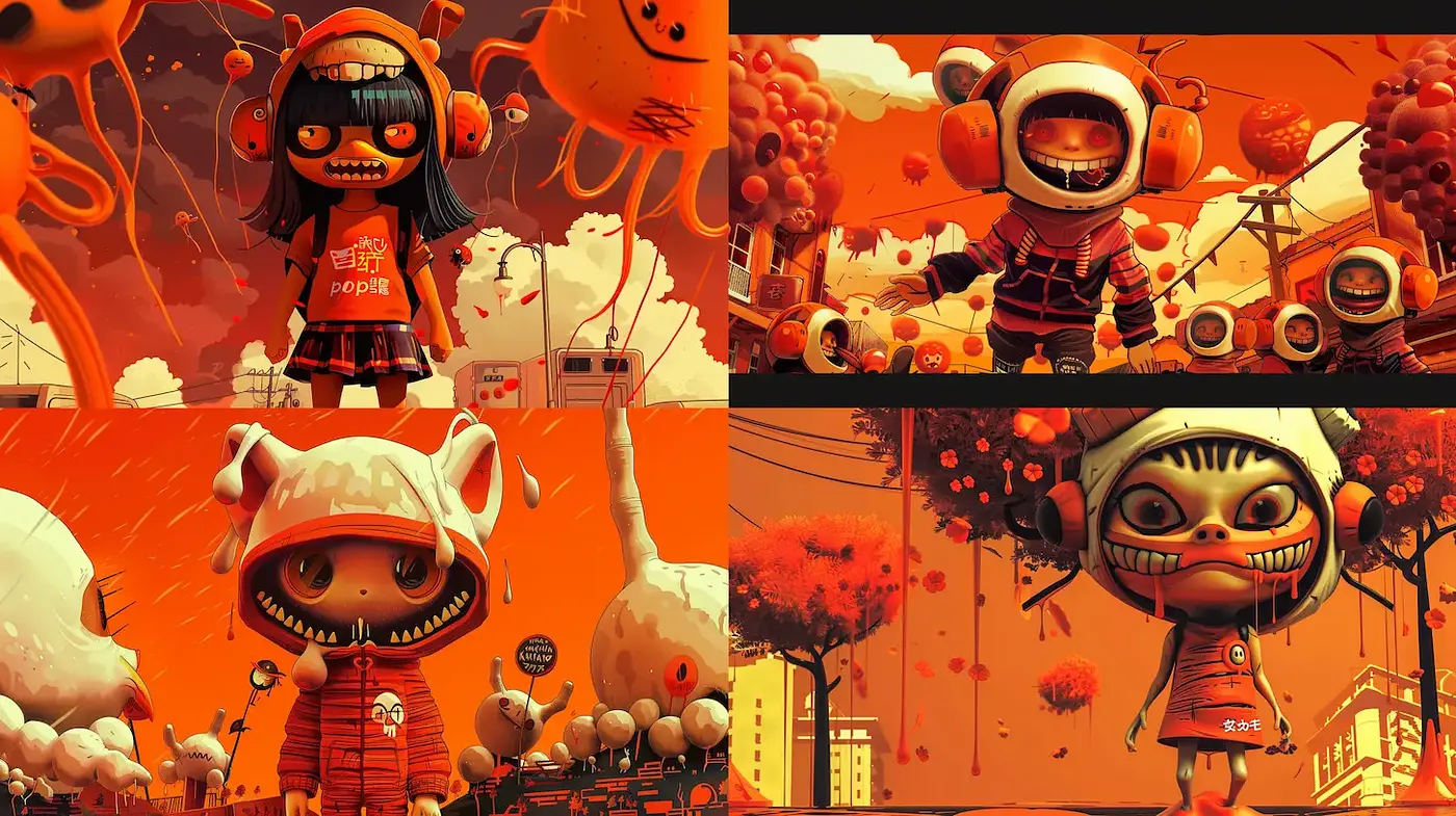 Vibrant, whimsical art style with a playful yet eerie atmosphere - Midjourney sref style
