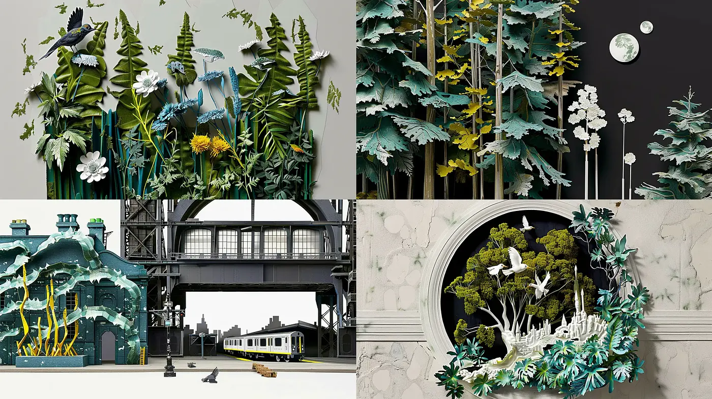 Monochromatic Botanical Dreamscapes and Architectural Fusion - Midjourney sref style