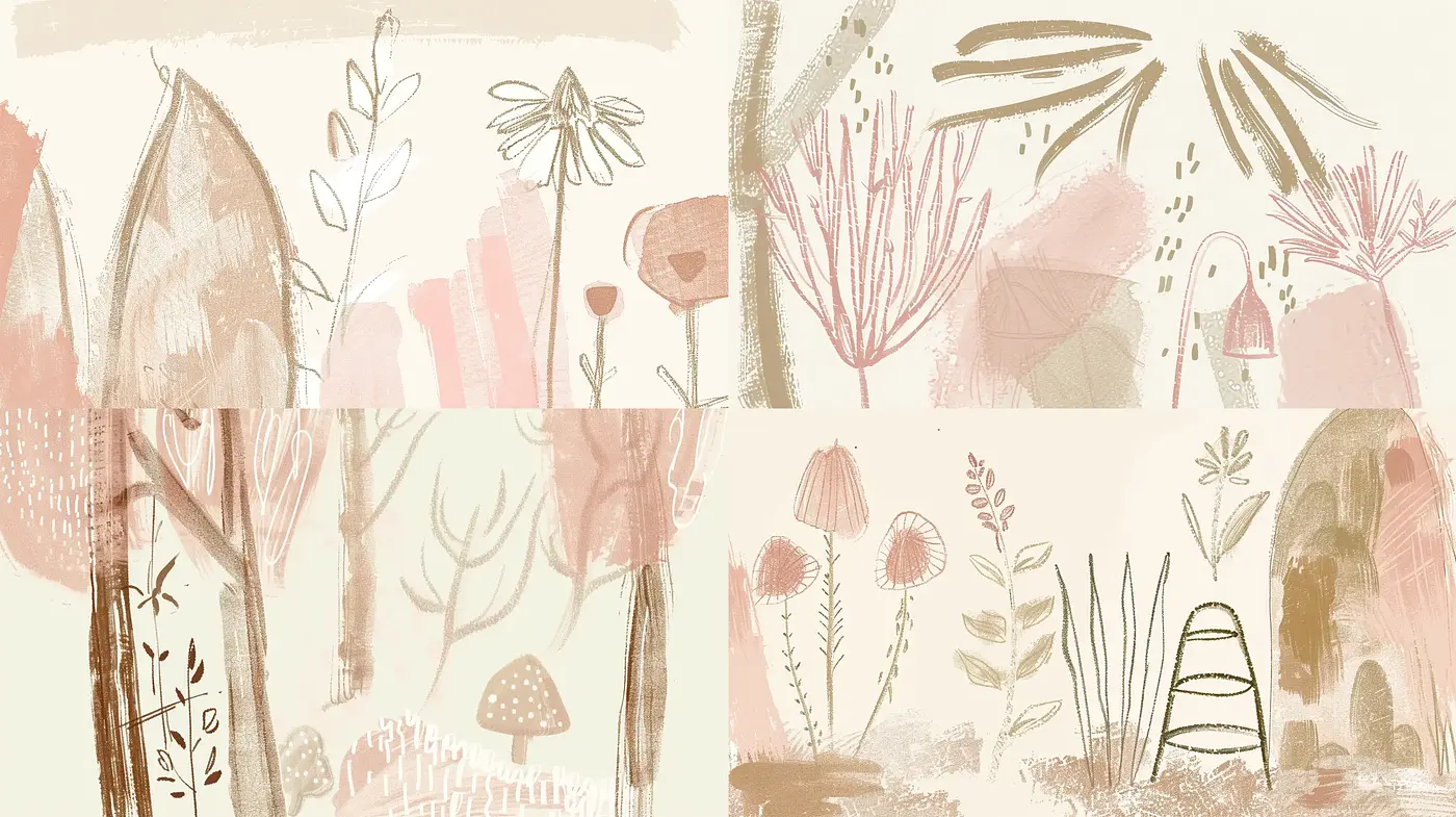 Whimsical Botanical Illustrations with Earthy Tones and Textured Finish - Midjourney sref style