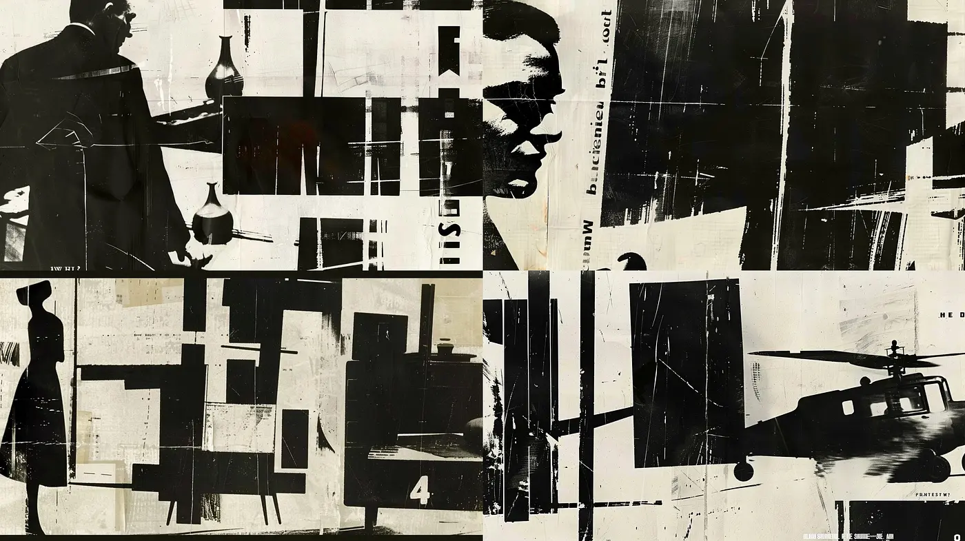 Monochromatic Fusion of Abstract and Realism in a Collage Tapestry - Midjourney sref style