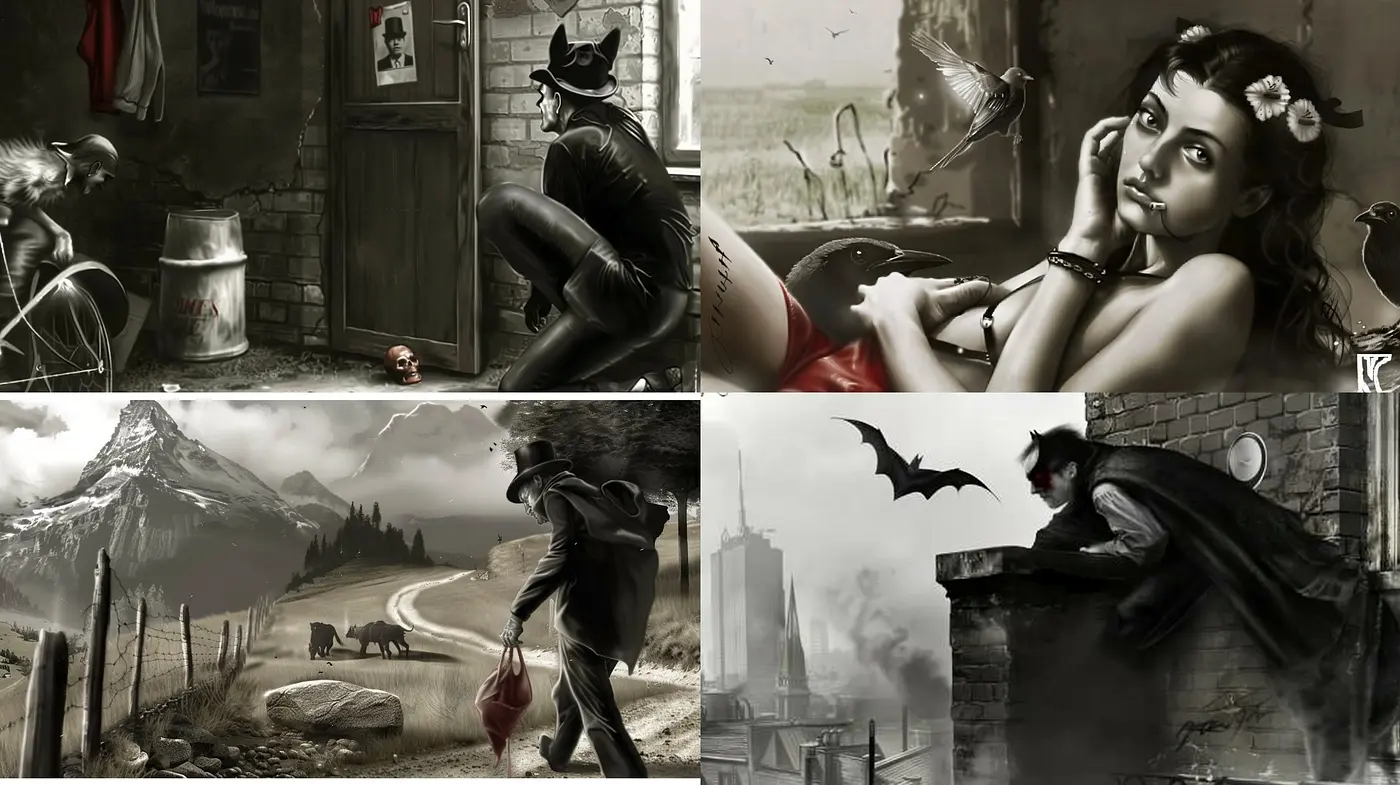Monochromatic Elegy: A Homage to Noir with a Surreal Twist - Midjourney sref style