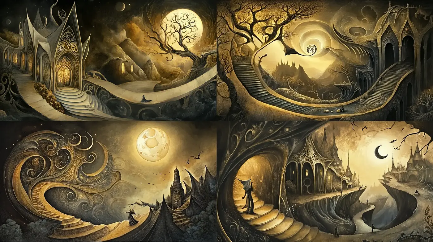 Ethereal Nocturnal Dreamscape with Surreal Architecture - Midjourney sref style