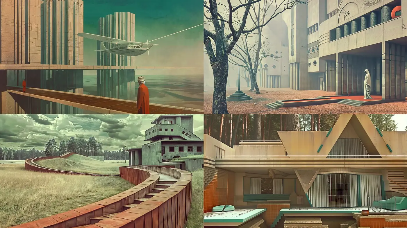 Surrealist Architectural Dreamscapes with a Retro Futuristic Elegance - Midjourney sref style