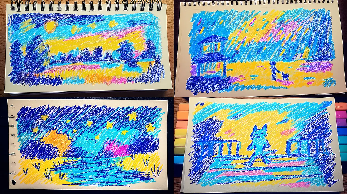 Vibrant and expressive pastel sketches with playful scenes - Midjourney sref style