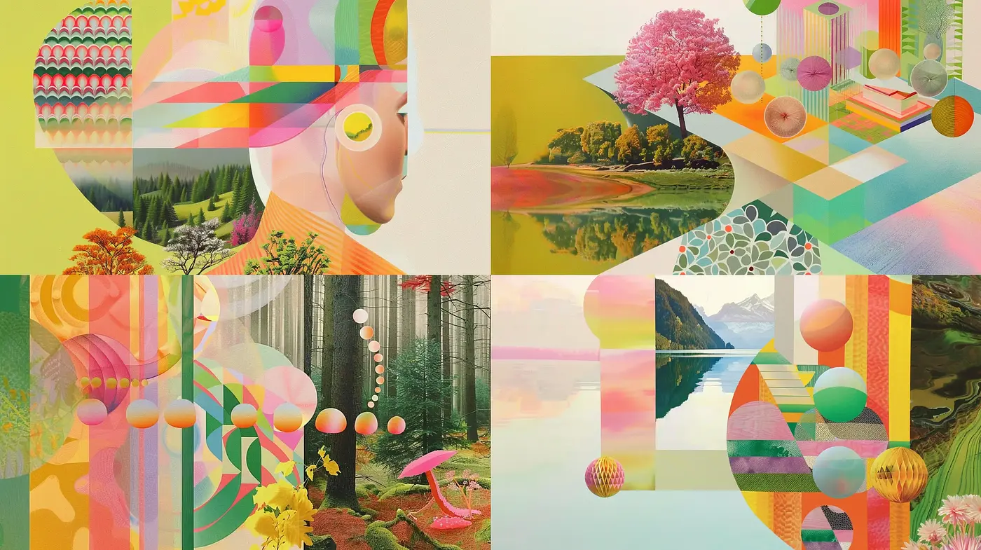 Surrealistic Nature Mosaic with Geometric Harmony - Midjourney sref style