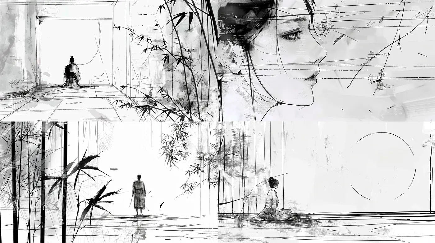 Monochromatic Whispers of Ink and Wash: A Fusion of East Meets West in Stylized Serenity - Midjourney sref style