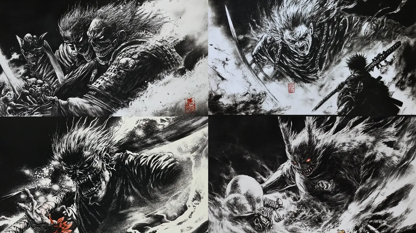 Dynamic Sumi-e Inspired Monochromatic Visions - Midjourney sref style