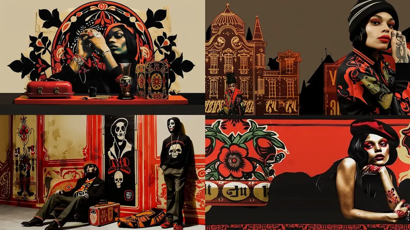 Intricate urban art with cultural motifs and bold contrasts - Midjourney sref style