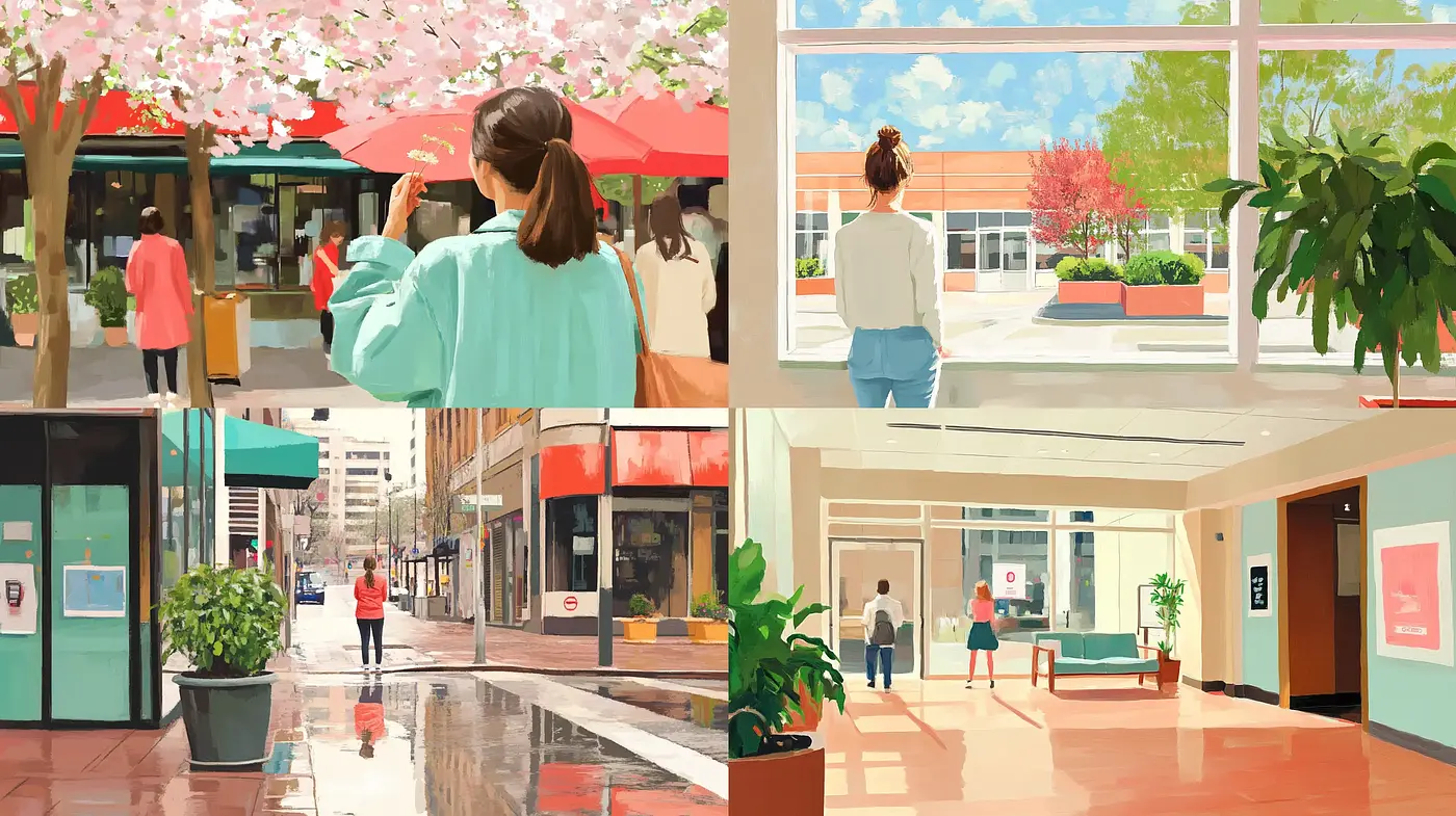 Serene Urban Tableaus with Contemporary Impressionistic Overtones - Midjourney sref style