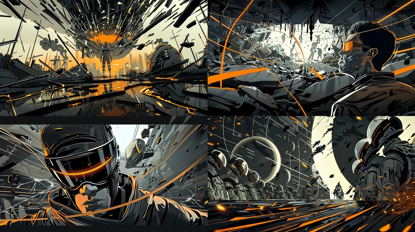 Futuristic Dystopian Panorama with Dynamic Sci-fi Elements - Midjourney sref style