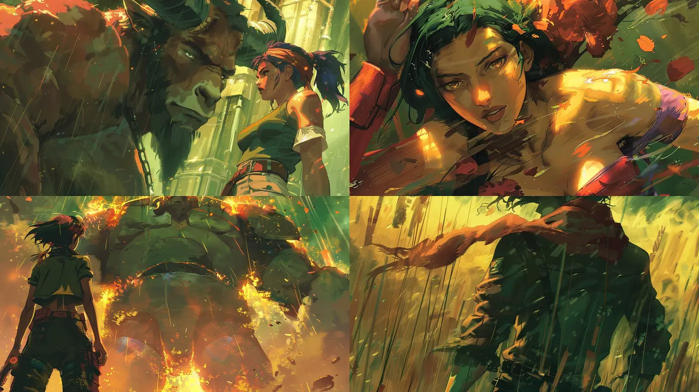 Dynamic Brushwork and Intense Warm Tones in Action-Inspired Digital Paintings - Midjourney sref style
