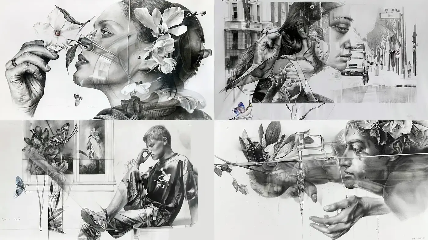 Intricate Blends of Realism and Surrealism with Nature Motifs - Midjourney sref style