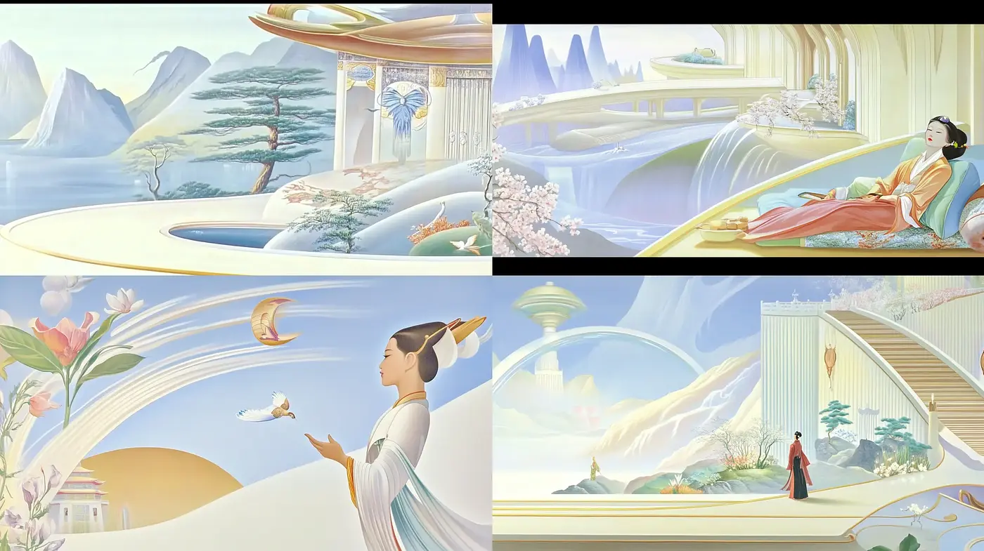 Serenity in Stylized Elegance: A Harmonic Blend of Dreamlike Vistas and Graceful Figures - Midjourney sref style