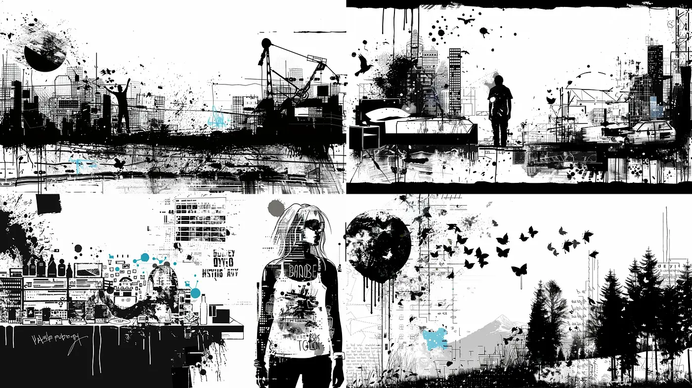 Monochromatic Fusion of Urban Chaos and Serenity - Midjourney sref style