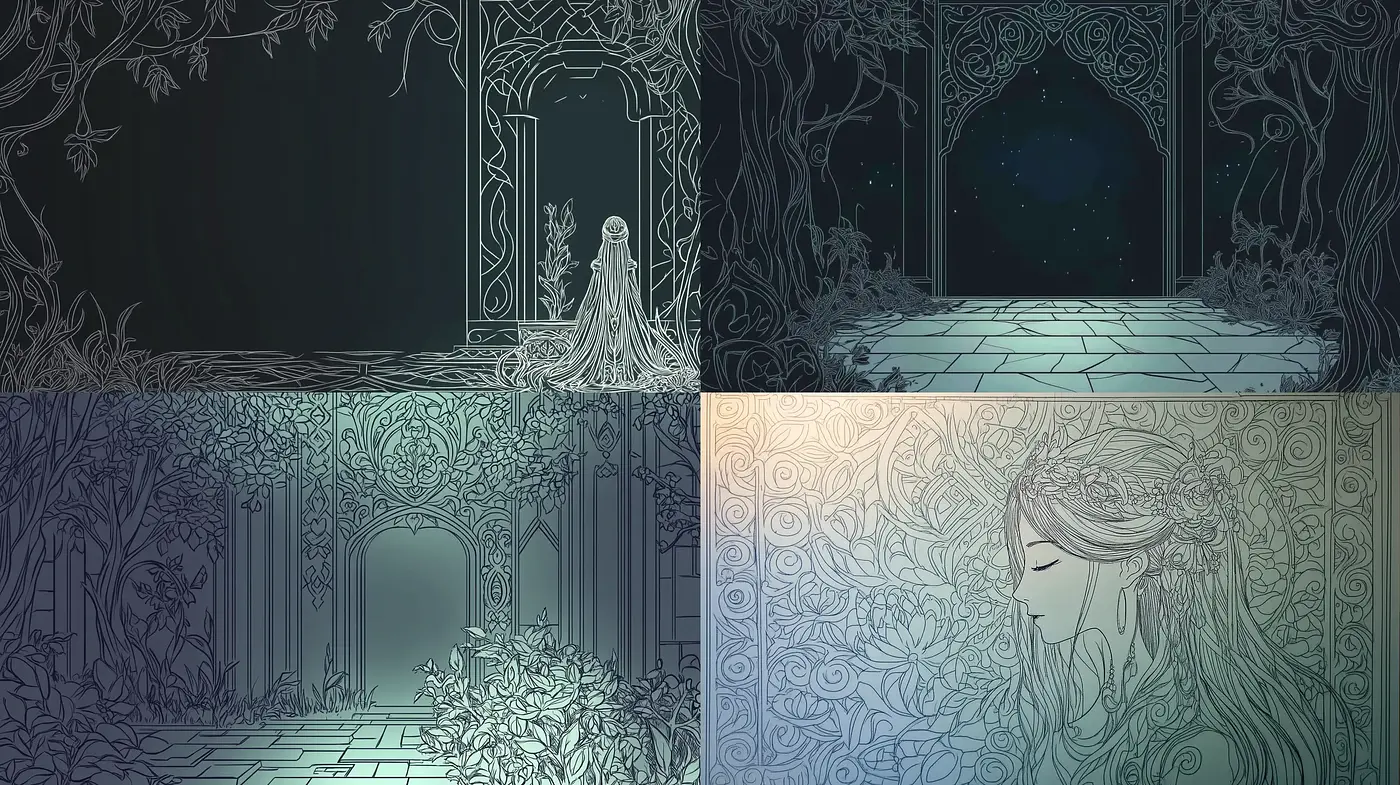 Enchanted Nocturne: A Harmonious Blend of Art Nouveau Elegance and Whimsical Fantasy - Midjourney sref style