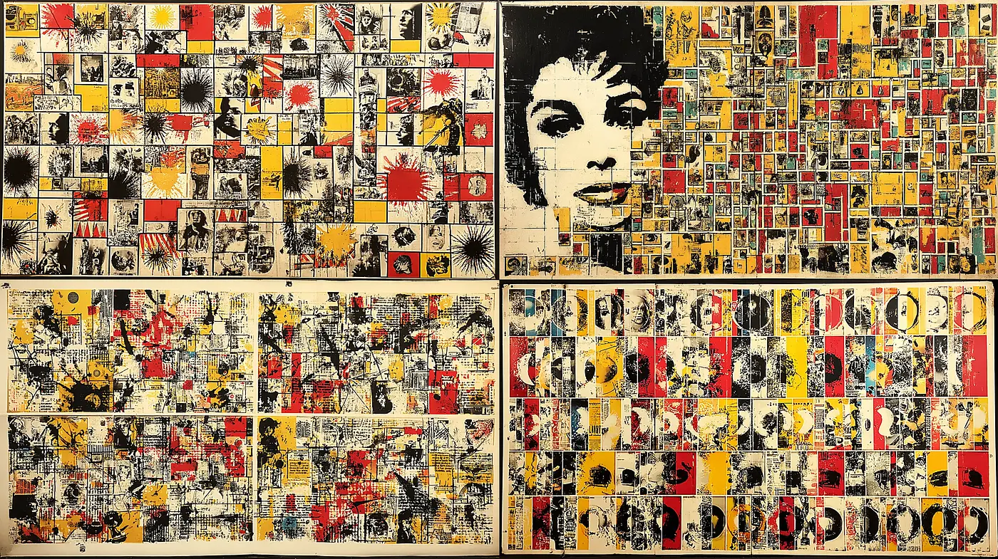 Dynamic multimedia collage with a pop art influence - Midjourney sref style