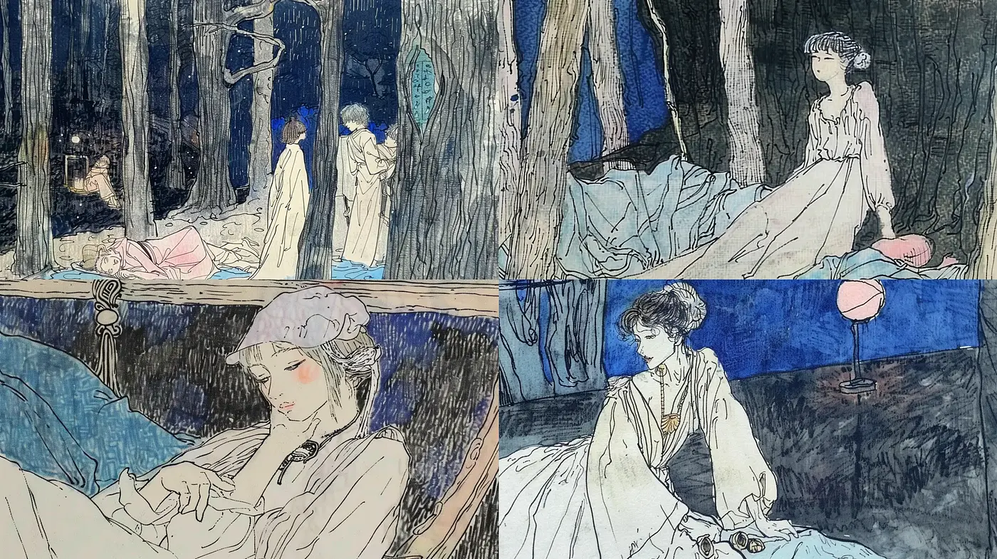 Ethereal Nocturnal Whispers: Translucent Dreams in Ink and Watercolor - Midjourney sref style