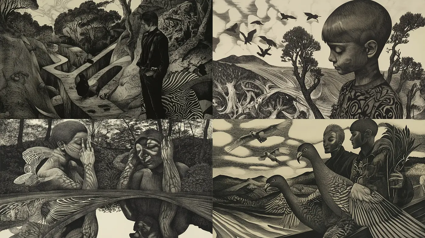 Monochromatic Dreamscape of Surrealism and Etching - Midjourney sref style