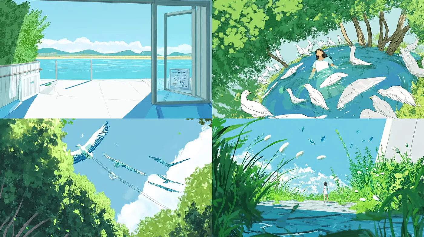 Serene Vistas: A Harmonious Blend of Tranquil Nature in Anime-Inspired Illustrations - Midjourney sref style