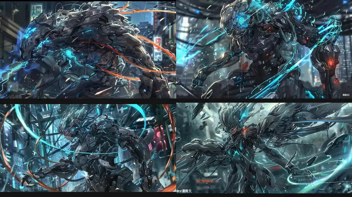 High-tech cybernetic figures in a futuristic urban environment - Midjourney sref style
