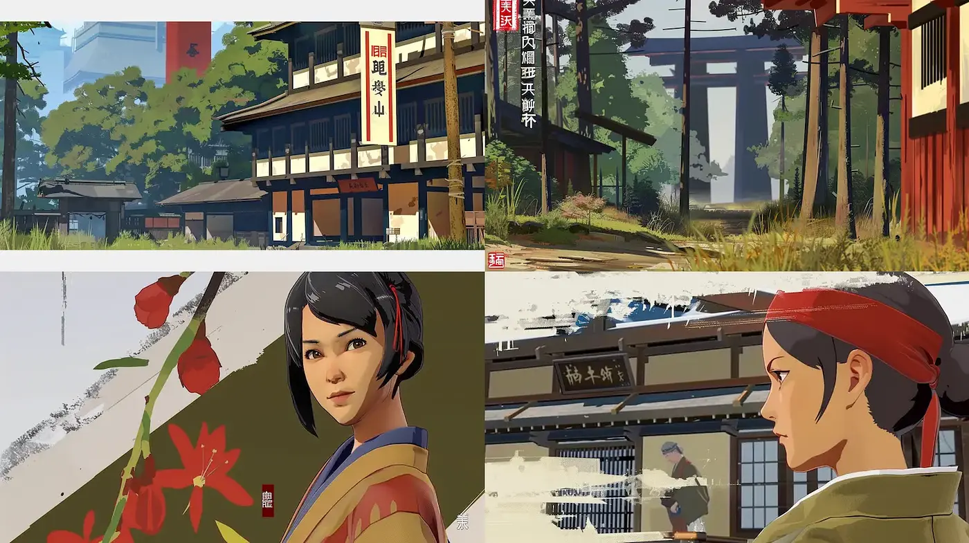 Contemporary Japanese-inspired illustration with a dynamic blend of nature and culture - Midjourney sref style