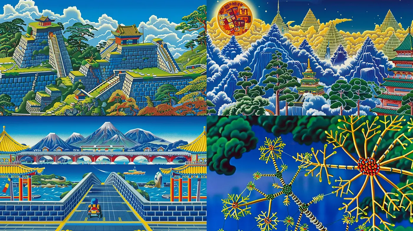 Stylized Panorama of Historical Landscapes in Vivid Chromatics - Midjourney sref style