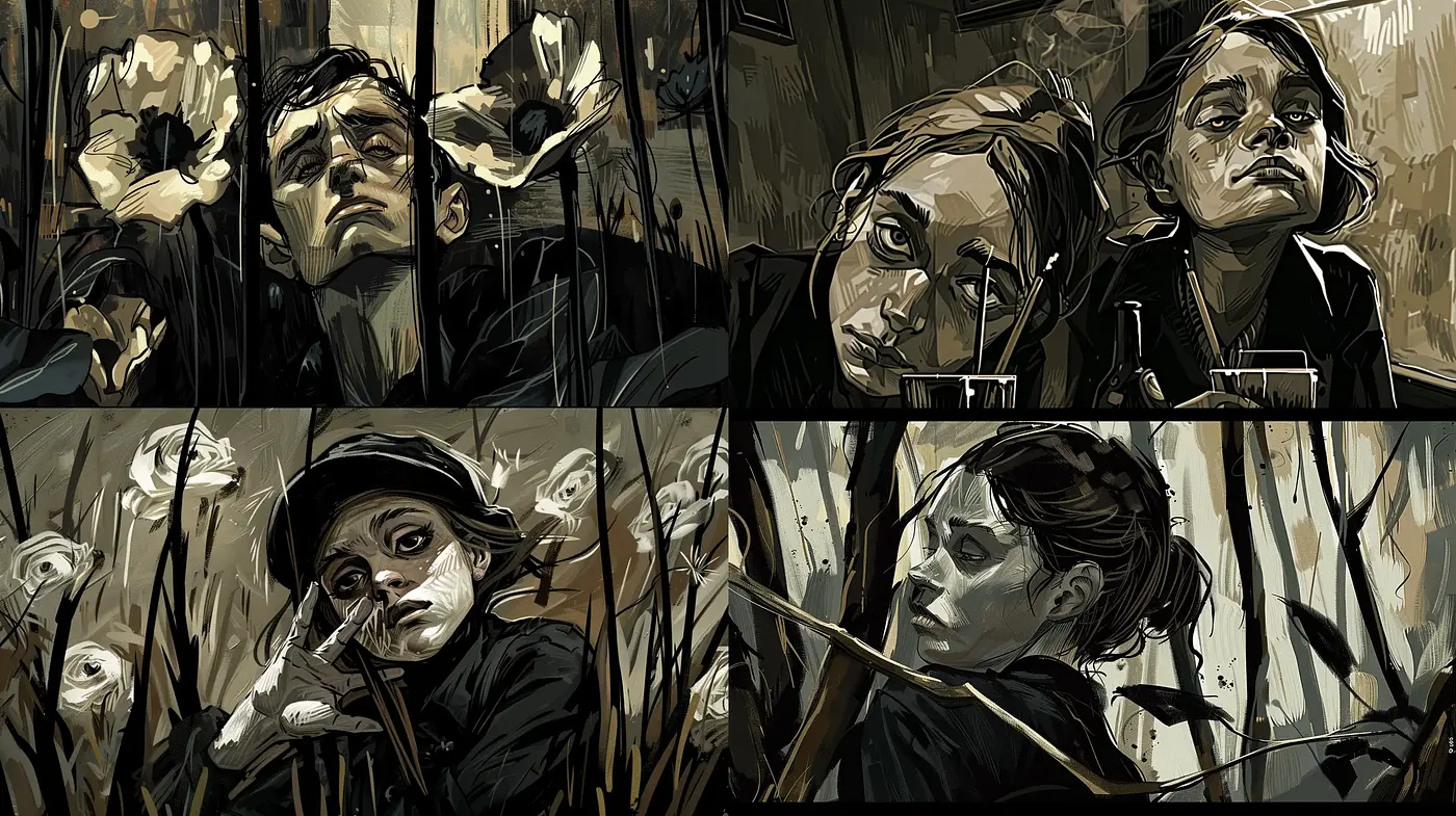 Moody Expressionist Portraiture with a Dark Surrealist Twist - Midjourney sref style