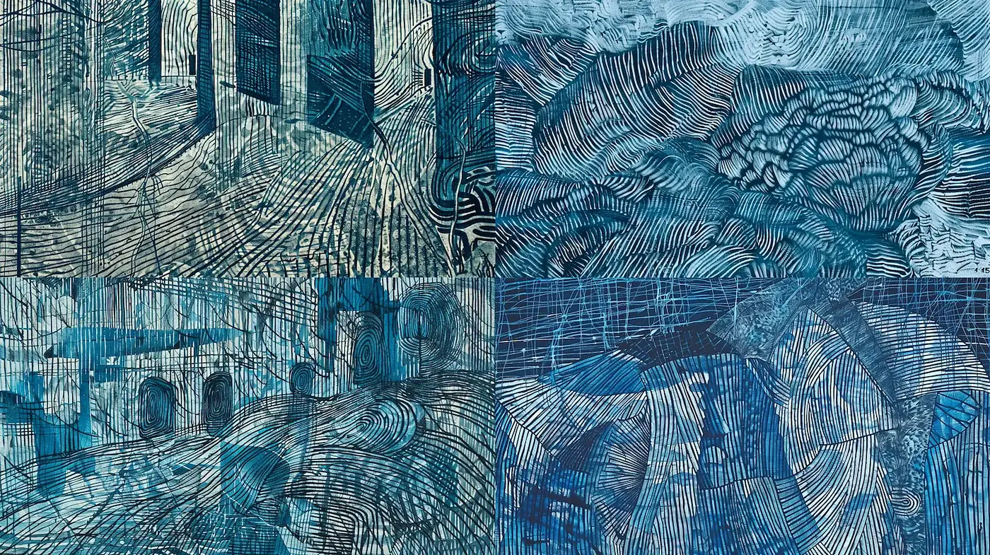 Intricate Textured Blue Landscapes with a Distinctive Abstract Style - Midjourney sref style
