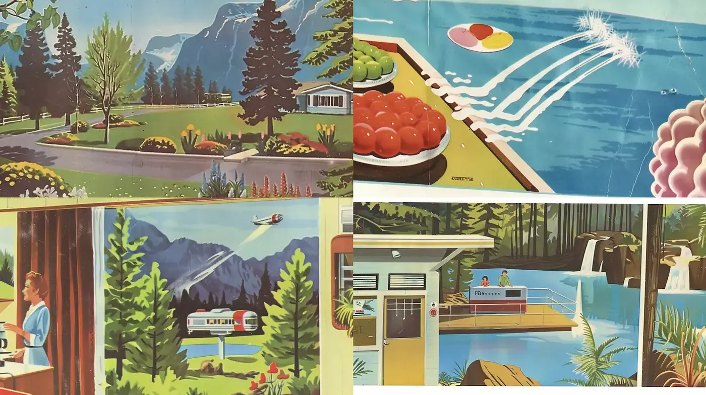 Colorful Mid-Century Illustrated Landscape with Whimsical Themes - Midjourney sref style