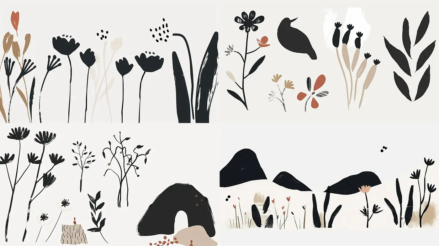 Whimsical Botanical Illustrations with a Modern Minimalist Aesthetic - Midjourney sref style