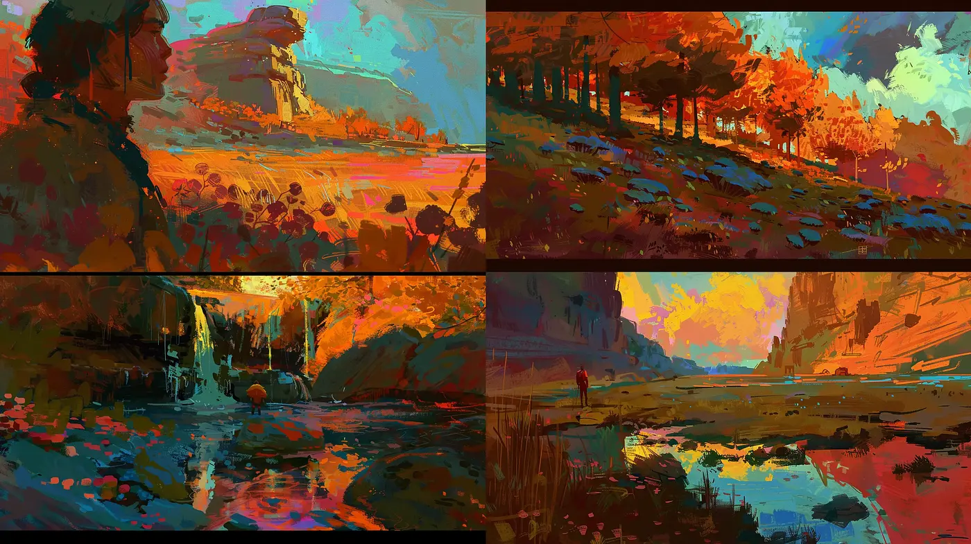 Luminous Twilight: A Vivid Tableau of Bold Brushwork and Fiery Hues - Midjourney sref style