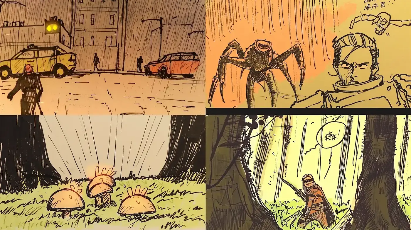 Dynamic and Illustrative Narrative Style with Distinctive Textural Techniques - Midjourney sref style