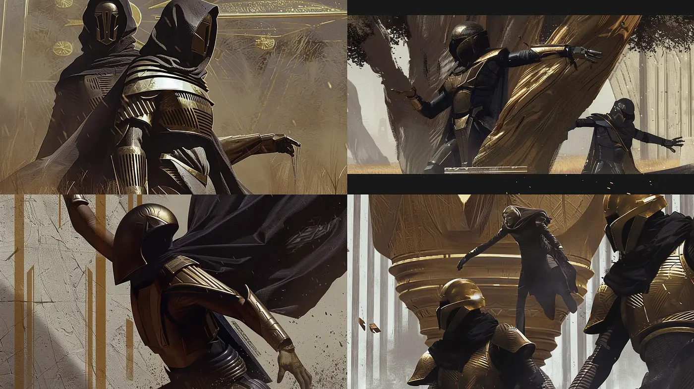 Ethereal Golden Knights: A Fusion of Futurism and Neo-Classical Elegance - Midjourney sref style