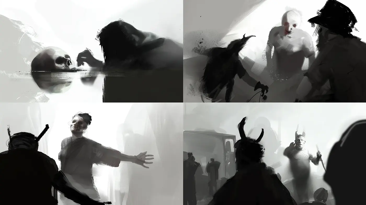 Monochromatic Silhouettes Conveying Ethereal Intensity - Midjourney sref style