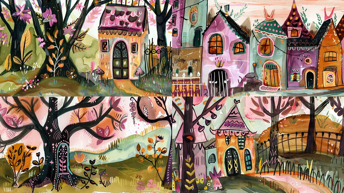 Whimsical Storybook Illustration Style with Pastel Tones and Organic Textures - Midjourney sref style