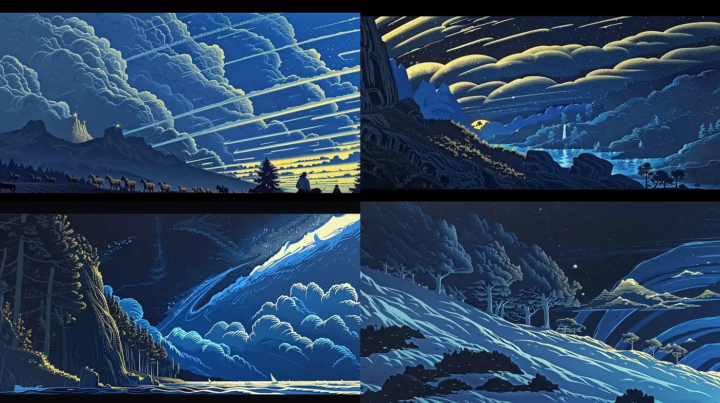 Nocturnal Symphony of Whispering Hues and Stylized Landscapes - Midjourney sref style