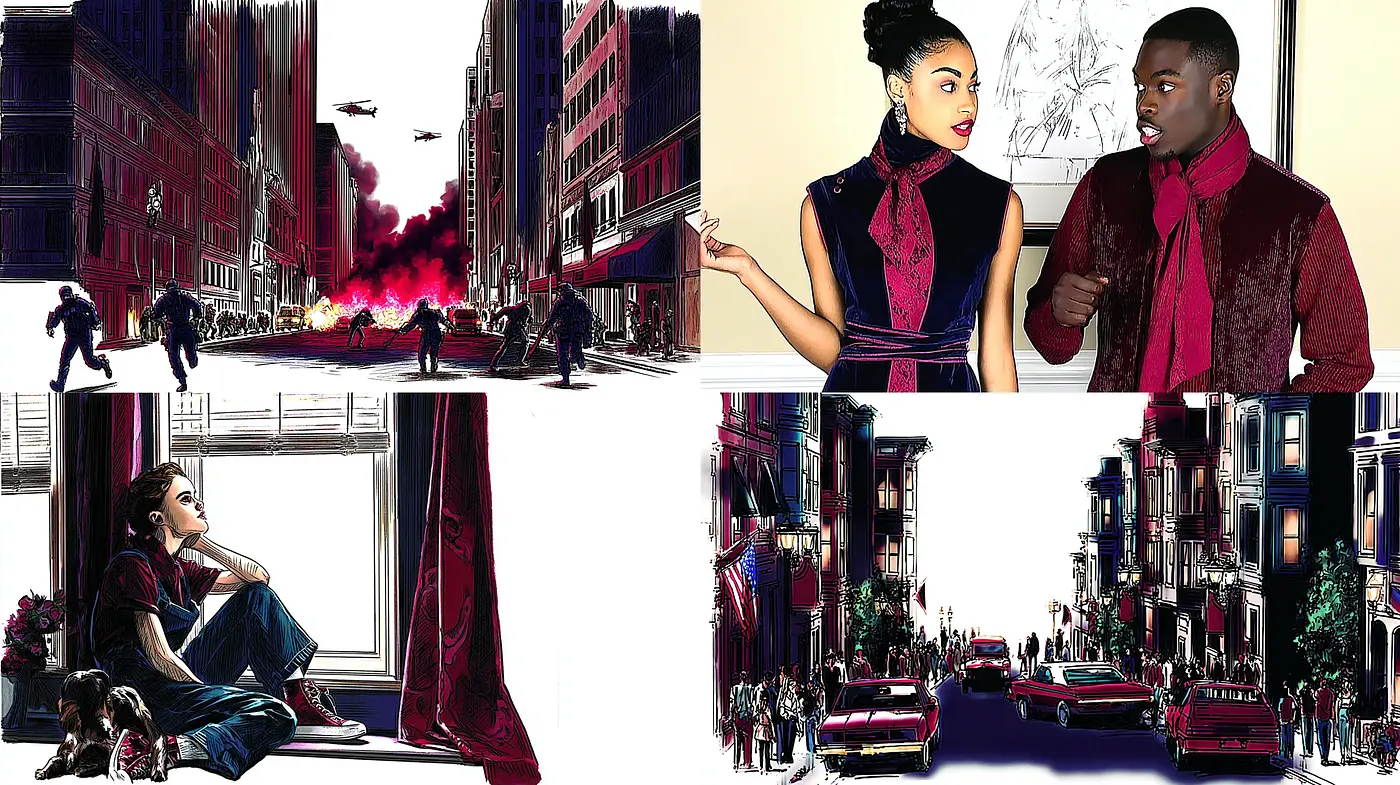 Dynamic Artistic Fusion with Urban Vibes and Emotional Depth - Midjourney sref style