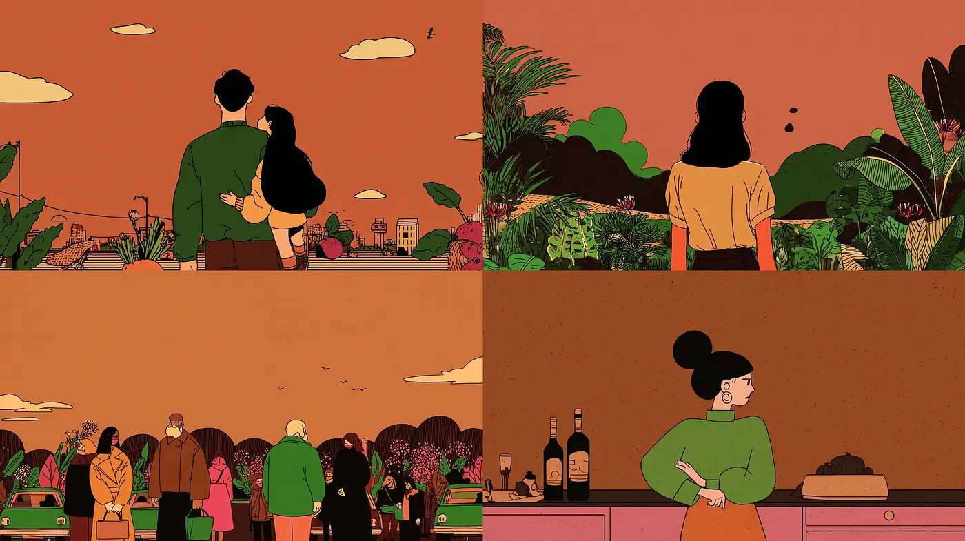 Stylized Illustrations with a Retro Color Palette and Vibrant Landscapes - Midjourney sref style