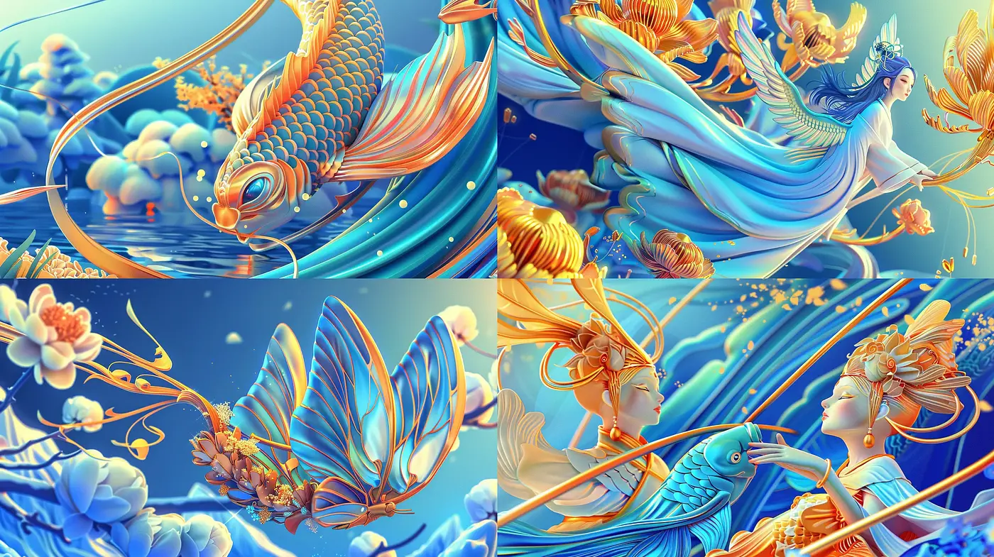 Ethereal Aquatic Elegance in Surreal Blues and Oranges - Midjourney sref style