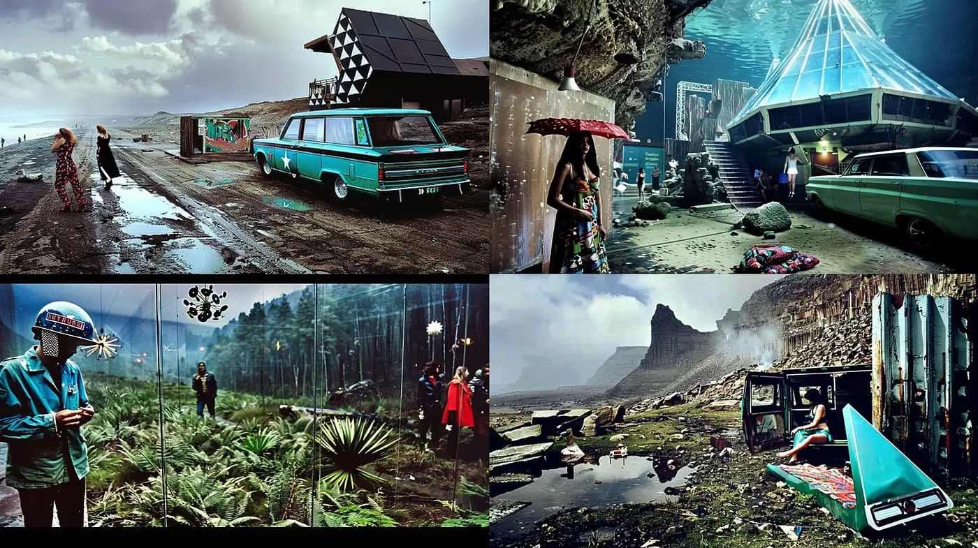 Surreal Retro-Futuristic Journeys in Post-Apocalyptic Landscapes - Midjourney sref style