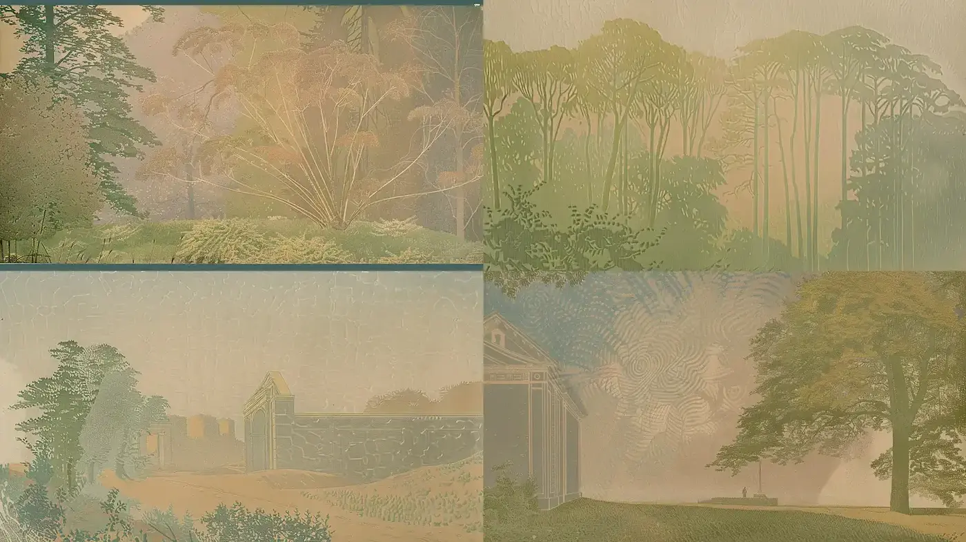 Serene Pastoral Landscapes with a Subtle Art Deco Influence - Midjourney sref style